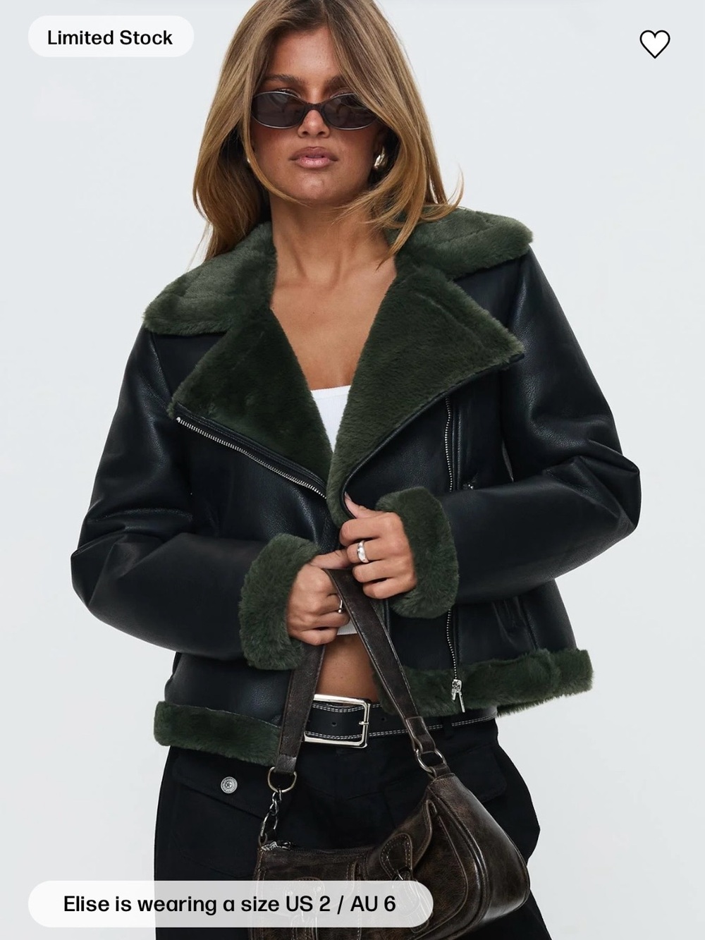 Princess Polly Black Moto Jacket with Dark Green Faux-Shearling Trim